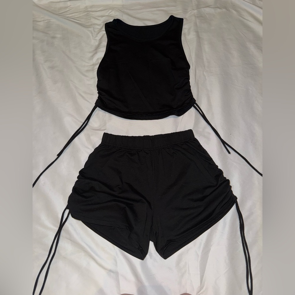 Chic Black Drawstring Tank and Shorts Set